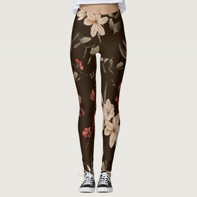 Bohemisk Blommigt Mörk: Vattenfärg Sömlös Mönster Leggings (Framsida)
