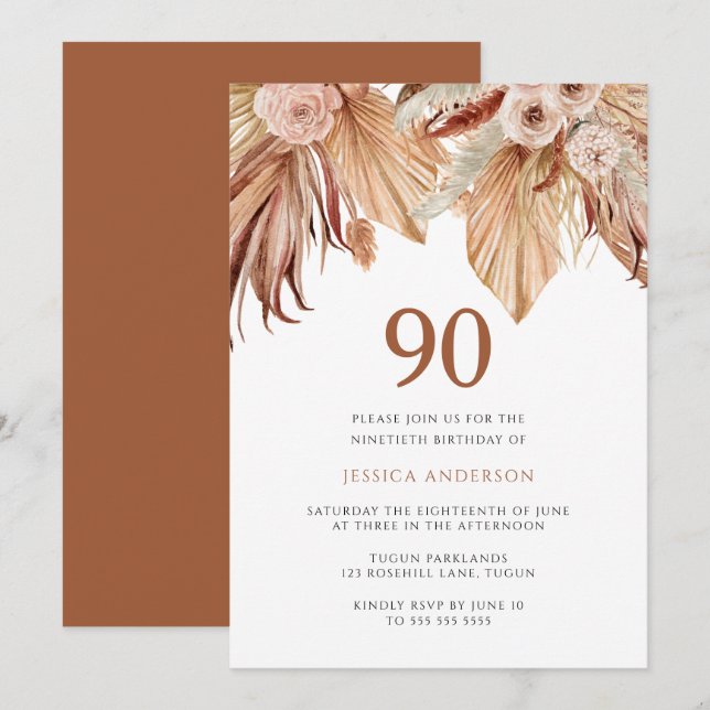 Bohemisk Blommigt Terracotta Boho 90:e födelsedag Inbjudningar (Fram/baksida)