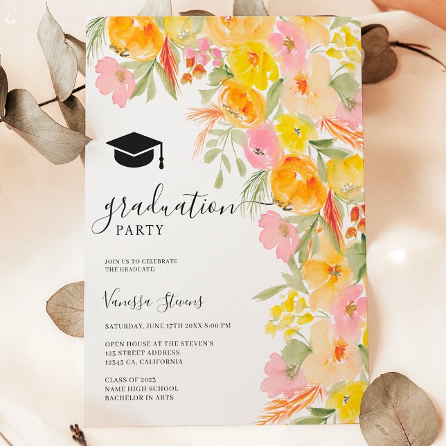 Bohemisk blommigt, vattenfärg terracotta studenten inbjudningar (Bohemian floral watercolor terracotta graduation invitation)