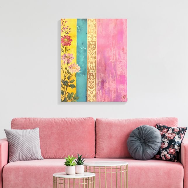 Bohemisk blomning – Vilda blommor på randig duk Canvastryck (Insitu (Vardagsrum))