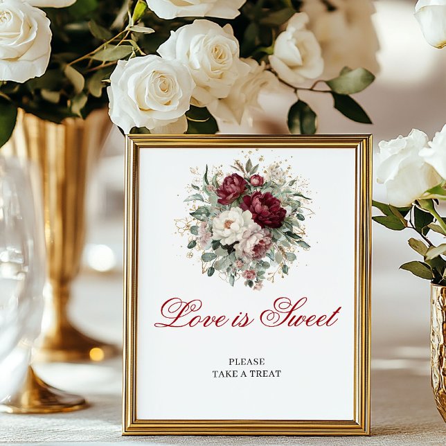 Bohemisk blomsterrik kärlek är sött blush burgunde poster (Bohemian Floral Love is Sweet Blush Burgundy Sign)