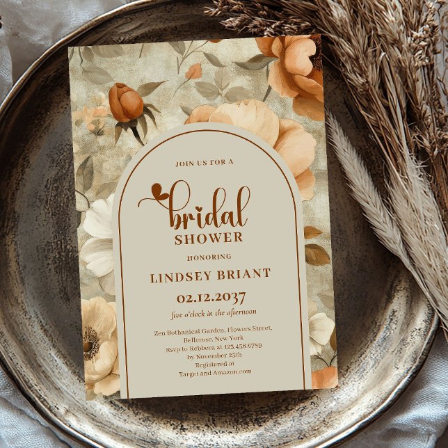 Bohemisk bränd orange blomsterlig bröllopsfestinbj inbjudningar (Bohemian Burnt Orange Floral Bridal Shower Invitation)
