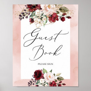 Bohemisk burgunder rosa guld blommig gästbokssköld poster
