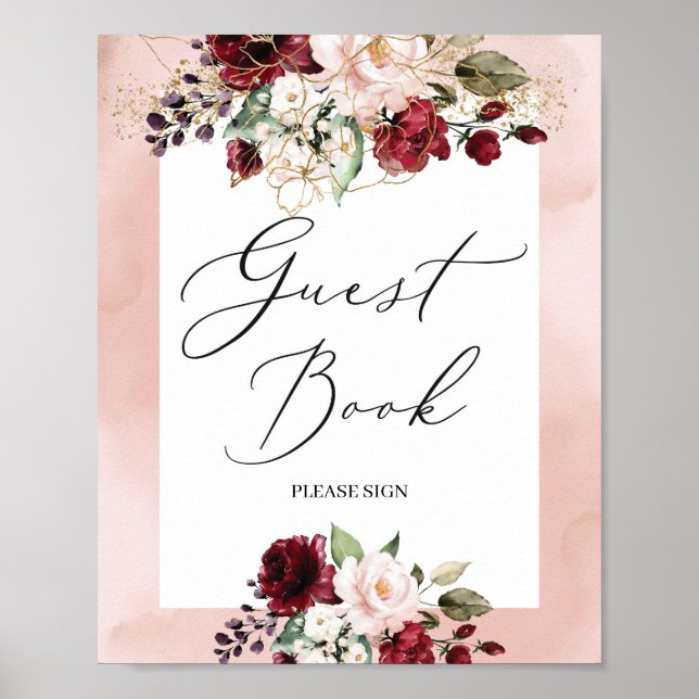 Bohemisk burgunder rosa guld blommig gästbokssköld poster (Framsidan)