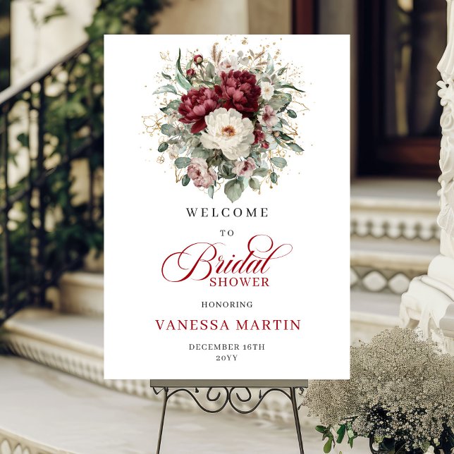 Bohemisk Burgundisk Blommig Bröllopsfest Välkommen Poster (Bohemian Burgundy Floral Bridal Shower Welcome)