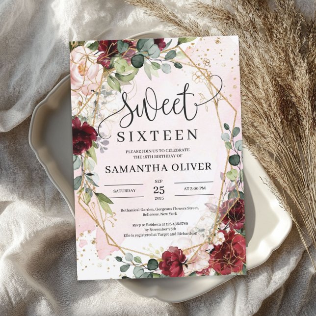 Bohemisk burgundisk blommigt guld geometrisk söt 1 inbjudningar (Bohemian burgundy floral gold geometric sweet 16 invitation)