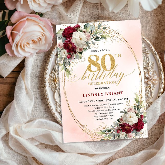 Bohemisk Burgundy Blommig 80-årsfirande  Inbjudningar (Bohemian Burgundy Floral Milestone 80th Birthday Invite)