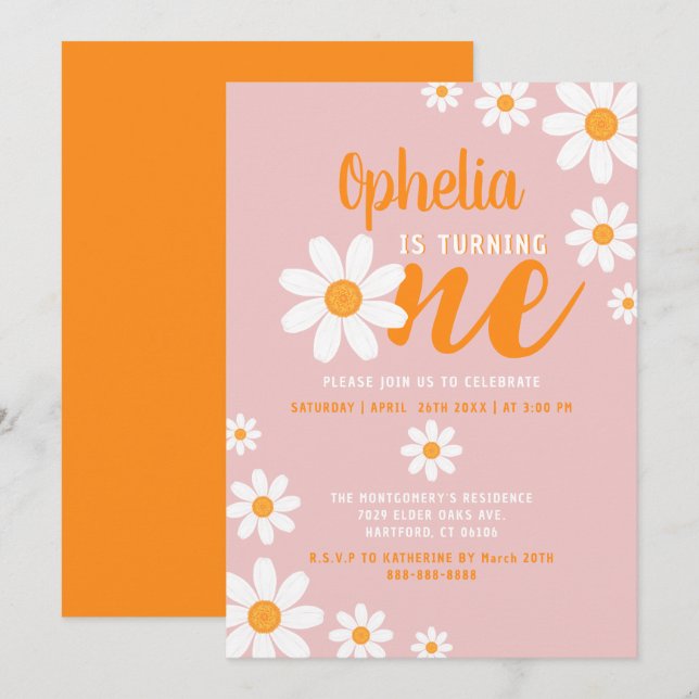Bohemisk Daisy 1:a födelsedagen Party Dusty Ro Cut Inbjudningar (Fram/baksida)