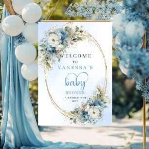Bohemisk dammig blå blommig eukalyptus baby shower poster