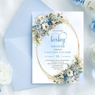 Bohemisk dammig blå blommig guld baby shower inbju inbjudningar