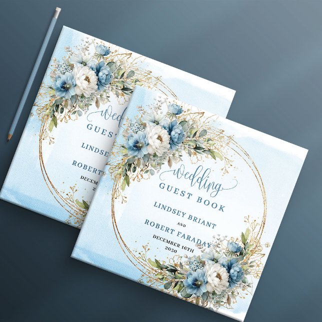 Bohemisk dammig blå blommig guld glitter bröllop  gästböcker (Bohemian Dusty Blue Floral Gold Glitter Wedding Book

)