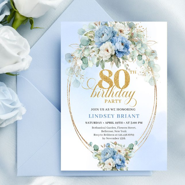 Bohemisk dammig blå blommig guld ram 80-årsdag inbjudningar (Bohemian Dusty Blue Floral Gold Frame 80th Birthday Invite)