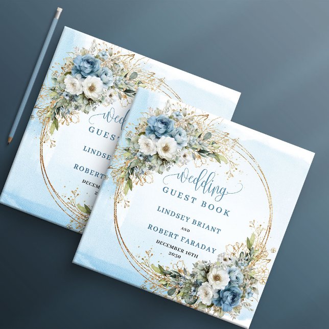 Bohemisk dammig blå blomster guld bröllop gästbok (Bohemian Dusty Blue Floral Gold Wedding Guest Book)