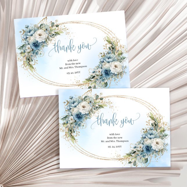 Bohemisk dammig blå guld bröllop tackkort tack kort (Bohemian Dusty Blue Gold Wedding thank you card)