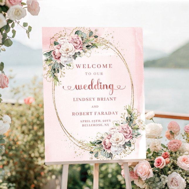 Bohemisk dammig rosa blommig rosabröllops välkomst poster (Bohemian Dusty Pink Floral Blush Pink Wedding Welcome)
