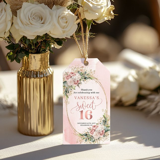 Bohemisk dammig rosa blommor grönska Sweet 16   Presentetikett (Bohemian Dusty Pink Flowers Greenery Sweet 16 Thank You Tag)
