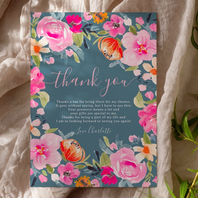 Bohemisk djärv blomster vattenfärg bröllopsdusch tack kort (Bohemian bold floral watercolor bridal shower thank you card)