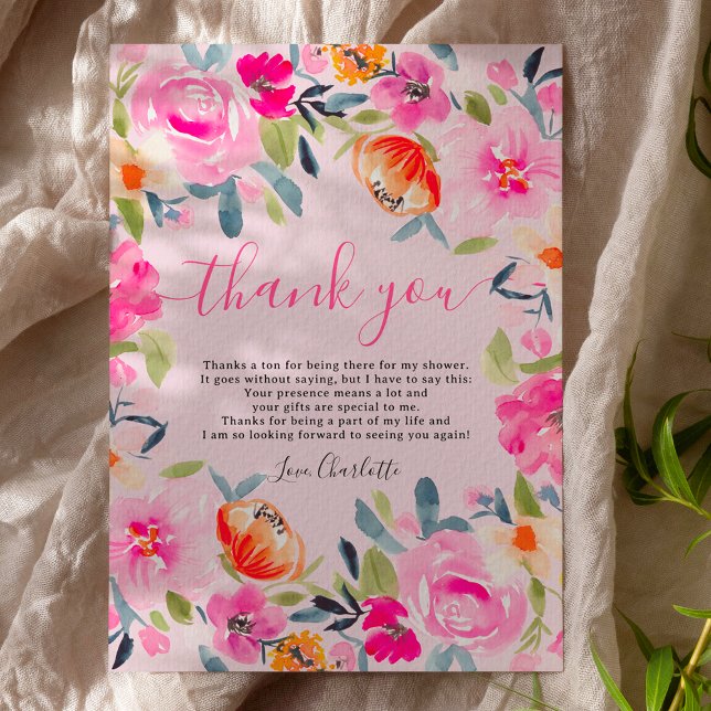 Bohemisk djärv blomster vattenfärg bröllopsdusch tack kort (Bohemian bold floral watercolor bridal shower thank you card on pink)