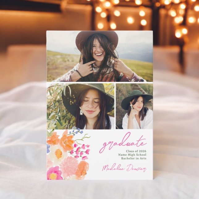 Bohemisk djärva blommor 3 foton studenten meddelande (Bohemian bold wildflowers 3 photos graduation announcement)