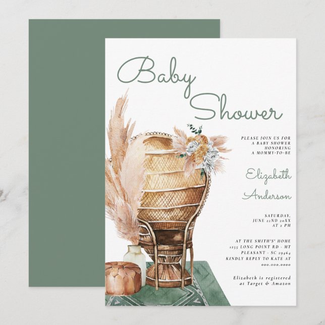 Bohemisk eukalyptus Grönt Pampas Boho Baby Shower  Inbjudningar (Fram/baksida)