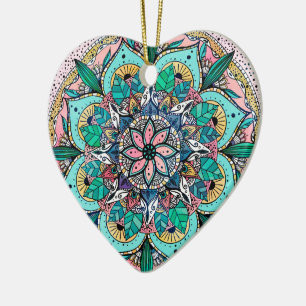Bohemisk färgfull vattenfärgsBlommigt Mandala Julgransprydnad Keramik