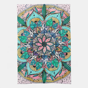 Bohemisk färgfull vattenfärgsBlommigt Mandala Kökshandduk