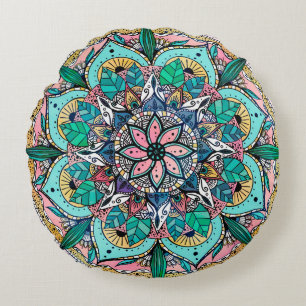 Bohemisk färgfull vattenfärgsBlommigt Mandala Rund Kudde