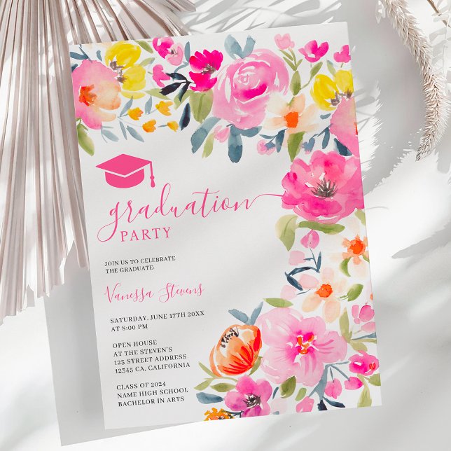 Bohemisk fet blommigt vattenfärg rosa studenten inbjudningar (Bohemian bold floral watercolor pink graduation invitation)