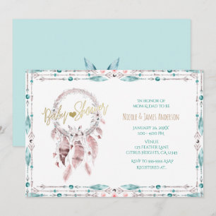 Bohemisk fjäderdrömfångare Teal Baby Shower Inbjudningar