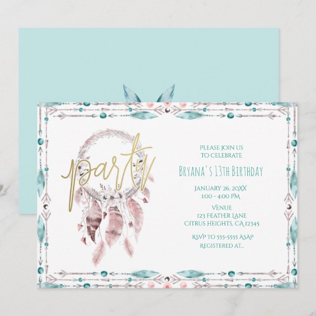 Bohemisk fjäderdrömfångare Teal födelsedagsfest Inbjudningar (Fram/baksida)