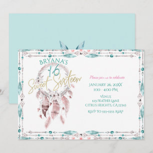 Bohemisk fjäderdrömfångare Teal Rosa Sweet 16 Inbjudningar