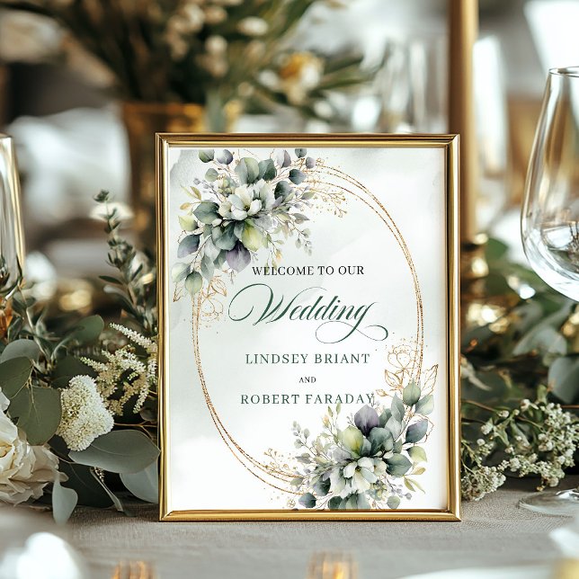 Bohemisk grönhet Guld Bordsskiva Bröllopsskylt 20x Poster (Bohemian Greenery Gold Tabletop Wedding Sign 8x10)