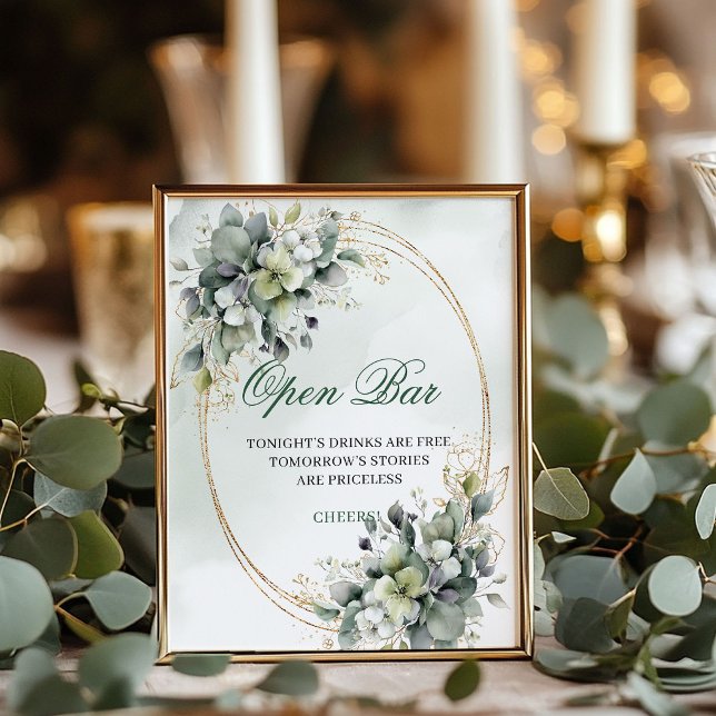 Bohemisk grönska Öppen bar Guld Bordsskylt Poster (Bohemian Greenery Open Bar Gold Tabletop Sign)