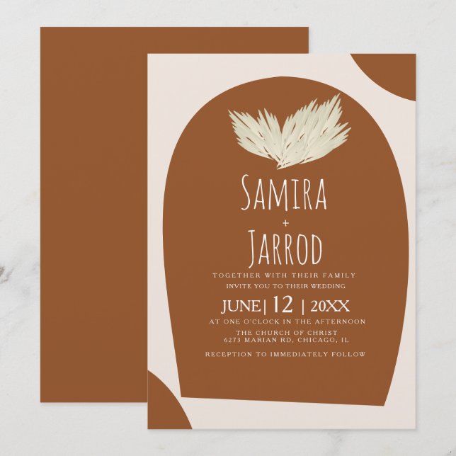 Bohemisk Handritad Naturlig Båge Pampas Bröllop Inbjudningar (Fram/baksida)