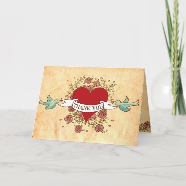 Bohemisk hjärta, ro, fåglar & banerbröllop tack kort (Framsida)