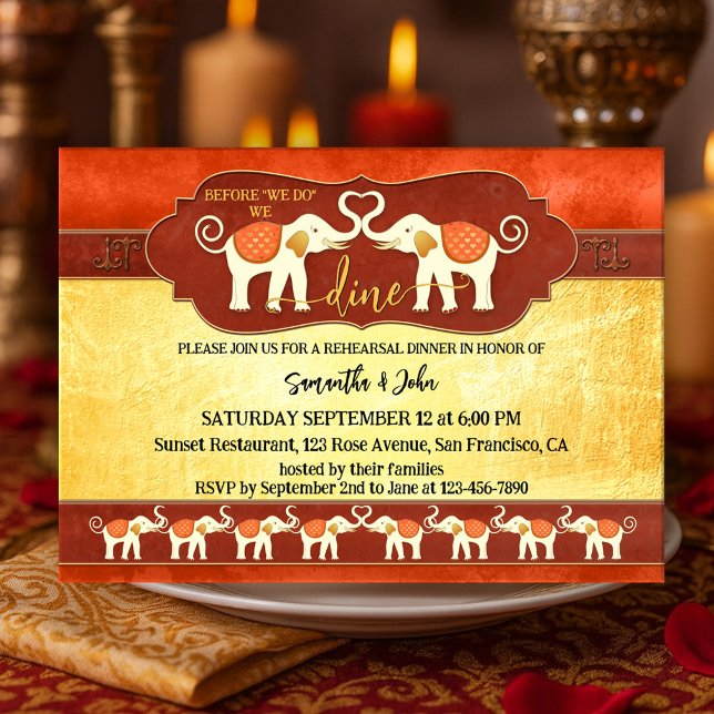 Bohemisk indisk elefantrepetitionsmiddag inbjudningar (Rehearsal dinner invitation featuring a pair of ivory elephants in an Indian terra cotta colors)