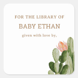 Bohemisk kaktus baby shower bokbibliotek fyrkantigt klistermärke