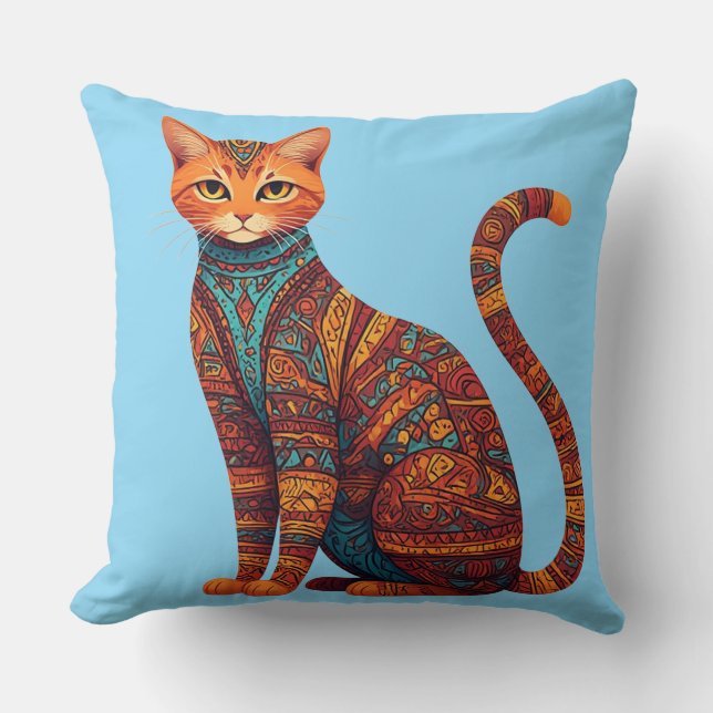 Bohemisk kattkonst färgrik tribal katt kudde (Framsida)