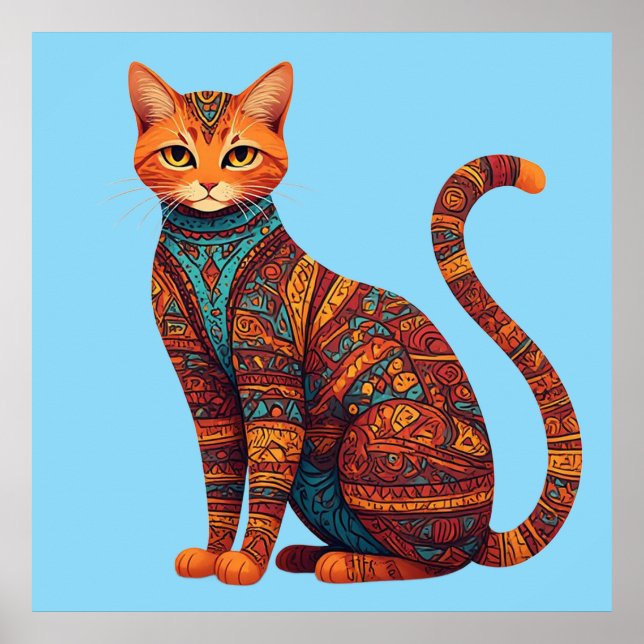 Bohemisk kattkonst färgrik tribal katt poster (Framsidan)