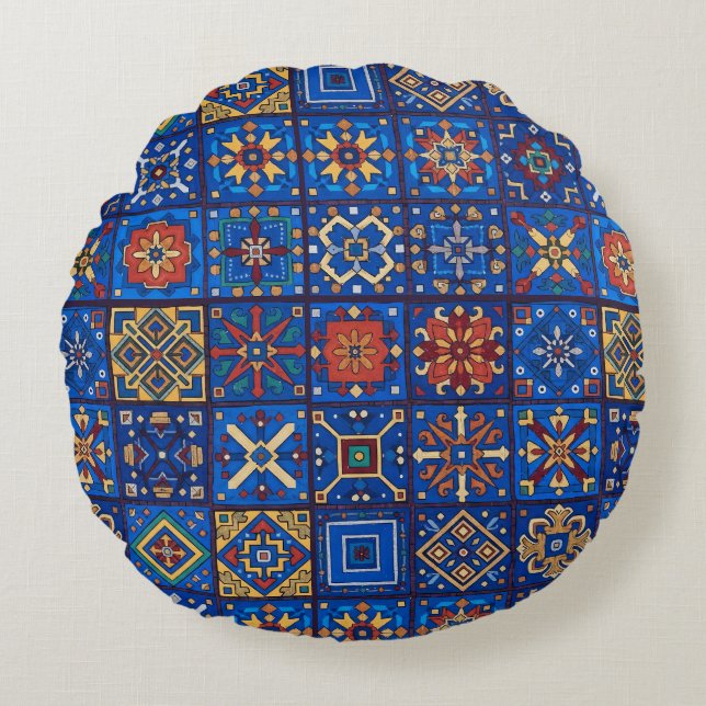 Bohemisk koboltblå folkkonst geometriska motiv rund kudde (Framsidan)