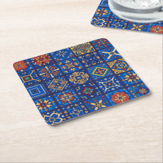 Bohemisk koboltblå folkkonst geometriska motiv underlägg papper kvadrat