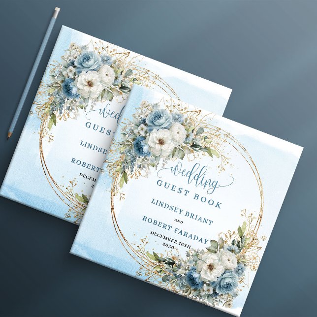 Bohemisk ljusblå blomster- guldglitter gästbok (Bohemian Light Blue Floral Gold Glitter Guest Book

)