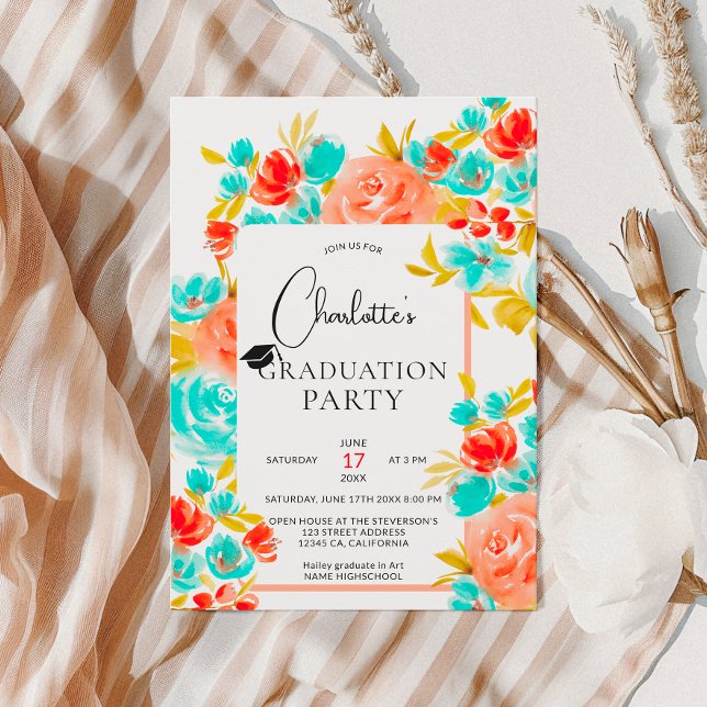Bohemisk ljusblå orange blå blommigt studenten inbjudningar (Bohemian bright orange blue floral graduation invitation)