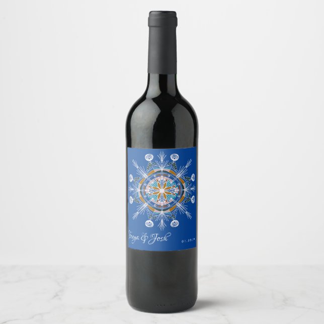 Bohemisk Mandala Blå Boho Konst Bröllop Vinflaska Etikett (Framsida)