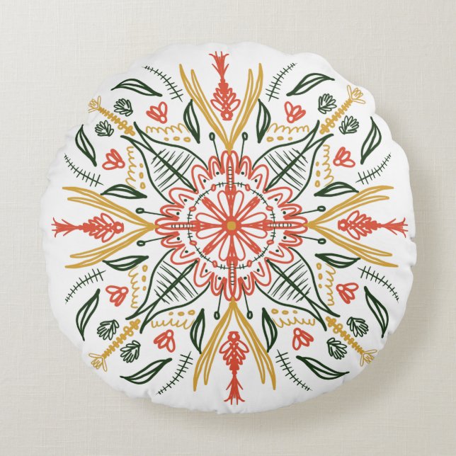 Bohemisk Mandala Färgrik Botanisk Grönska Rund Kudde (Framsidan)