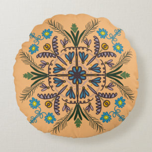 Bohemisk Mandala Färgrik Botanisk Orange Rund Kudde
