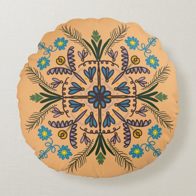 Bohemisk Mandala Färgrik Botanisk Orange Rund Kudde (Framsidan)