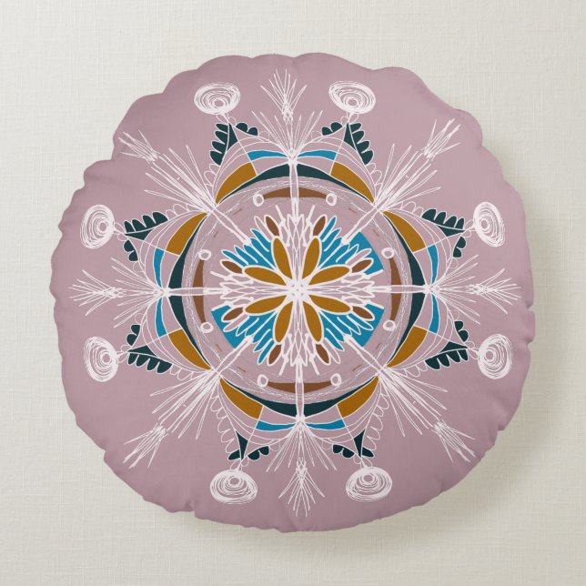Bohemisk Mandala Handritad Färgrik Rodnad Rund Kudde (Framsidan)