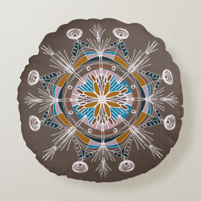 Bohemisk Mandala Handritad Färgrik Rund Kudd Kudde (Framsidan)