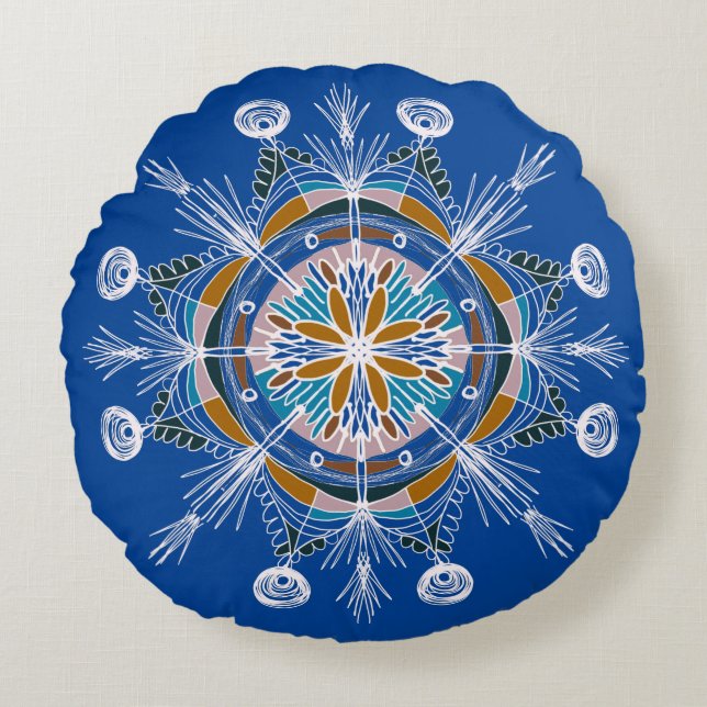 Bohemisk Mandala Handritad Färgrik Rund Kudd Kudde (Framsidan)